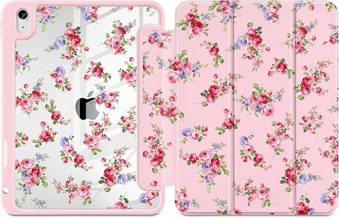 Case for iPad Air 11 inch M4 2026 M3 2025 M2 2024,iPad Air 5th (2022) / 4th (2020) 10.9 Inch Clear Back Shell Shockproof TPU Edge Trifold Stand Auto Wake Sleep Cute Cover, Elegant Rose