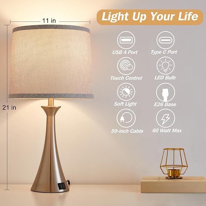 Touch Lamp for Living Room Bedroom, 21" Table Lamps Set of 2 with USB C+A Ports and Grey Lamp Shades, Touch Bedside Lamps for Nightstand with 3 Way Dimmable, 2 LED Bulbs Included, Silver