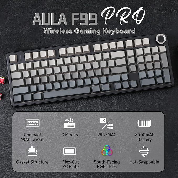 MechLands Aula F99 PRO 96% Mechanical Gaming Keyboard, BT5.0/USB-C/2.4GHz Wireless, Hot Swappable Gasket Custom Keyboard with 8000mAH Battery, Rotary Knob, RGB Backlit for Win/Mac (Grey)