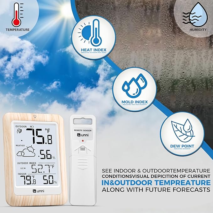 Indoor Outdoor Thermometer Wireless Weather Station, Temperature Humidity Monitor Battery Powered Inside Outside Thermometers with 330ft Range Remote Sensor and Backlight Display（Wood）