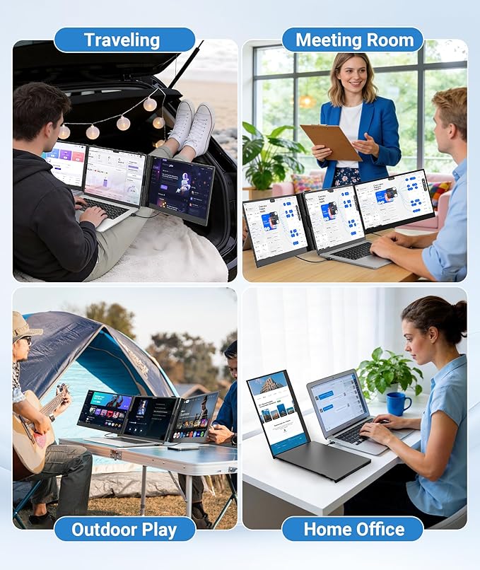 14" Triple Laptop Screen Extender, FHD 1080P IPS Ultra-Thin Portable Monitor, 2.2lbs Plug & Play USB-C/HDMI Travel Monitor for 13”-17” Laptops, Compatible with Windows, Mac, Android, Chrome