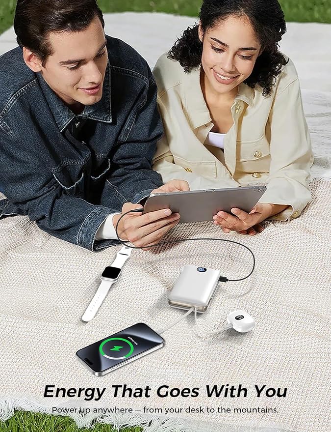 Power Bank, 50000 mAh Portable Charger with Built in Cable & Wall Plug, 22.5W Fast Charging, Travel Essential Battery Pack with LED Display for iPhone 17/16/15/14 Series, Galaxy, iPad White
