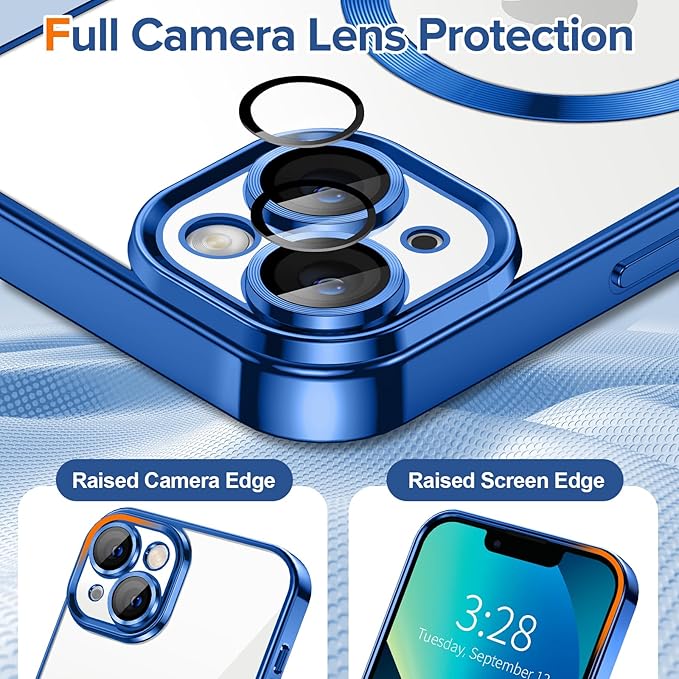 Hython Magnetic Clear for iPhone 13 Case with Camera Lens Protector [Compatible with MagSafe] Luxury Plating Edge Slim Soft TPU Cover Protective Phone Case for iPhone 13 6.1", Deep Blue