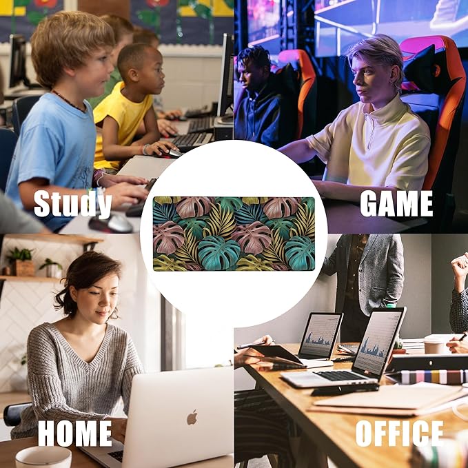 Colorful Tropical Palm Leaves Large Gaming Mouse Pad,Waterproof Desk Mat for Desktop,Non-Slip Rubber Base Mousepad with Stitched Edges for Laptop Office and Home 35.4X15.7 Inch