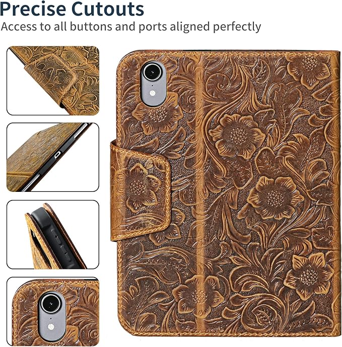 Gexmil Genuine Leather Case for iPad mini 7 (A17 Pro) 2024 / iPad mini 6 Generation 2021 8.3 Inch,Magnetic Closure,Pencil Holder,Shockproof Cowhide Cover,Pencil 2 Wireless Charging,Flower Brown