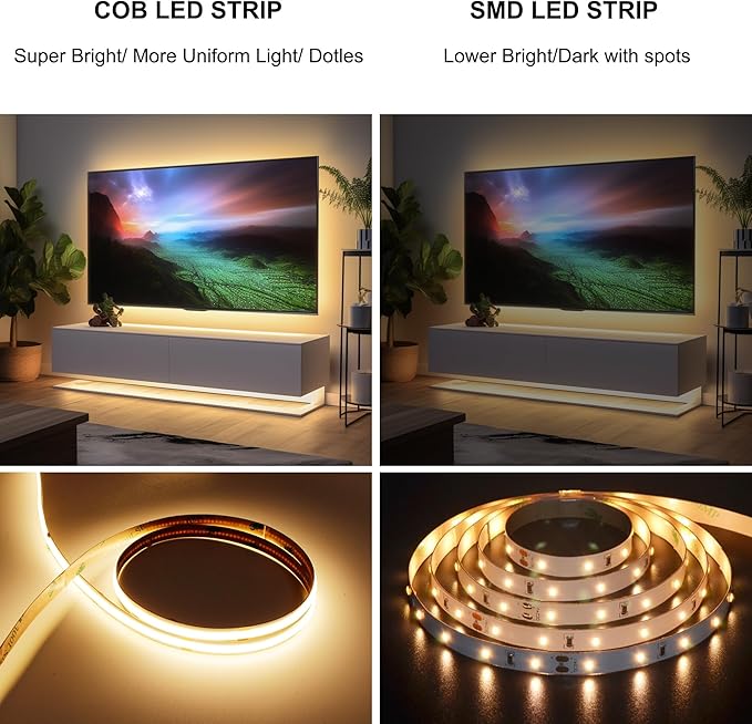 AXMOTUT 65.6ft COB LED Strip Light Warm White, High Bright LED Strips with 320LEDs, RF Remote and UL Power Supply, 2700K Dimmable LED Lights for Bedroom,Kitchen, DIY Home Decoration, 2 Rolls of 32.8ft