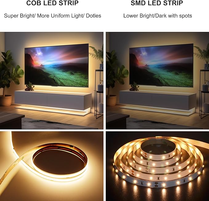 AXMOTUT COB LED Strip Lights with RF Remote, 24V 32.8ft Warm White Dimmable LED Light Strips, High Bright 3000K LED Lights with Power Supply for Room, Kitchen, DIY Home Decoration