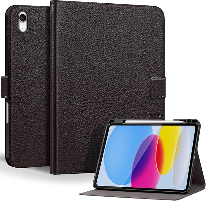 Genuine Leather Case for iPad 11th Gen 11" (2025/A16) & 10th Gen 10.9" (2022) | Slim Protective Cover with Adjustable Stand, Magnetic Closure, Auto Wake/Sleep, Premium Leather | Dark Brown