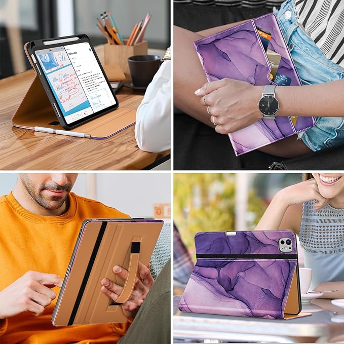 DTTO for iPad Pro 11 inch Case (M5/M4) 2025/2024, Premium Leather Business Folio Stand Cover with Pencil Holder - Auto Wake/Sleep and Multiple Viewing Angles, Purple Marble