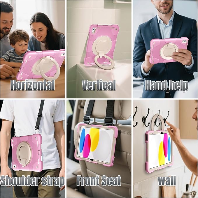 Andnary Case for iPad (A16) 11th /10th Generation 11/10.9 Inch 2025/2022 with Screen Protector/360° Rotate Stand/Shoulder Strap/Pencil Holder, Shockproof iPad 11th/10th Gen Cover (Pink+White)