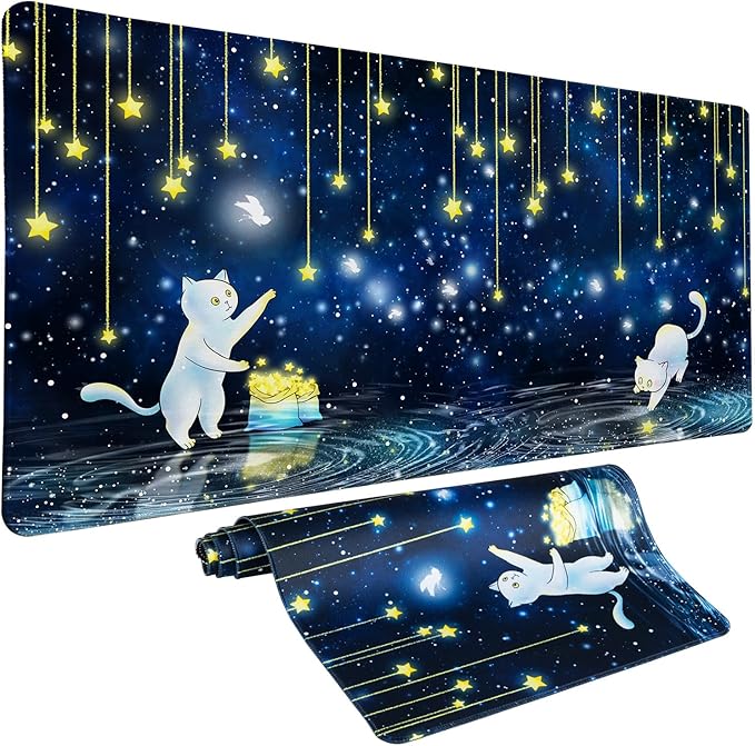 Cat Mouse Pad Desk Mat, Picking Star Cats Gaming Mouse Pad Blue Starry Sky Desk Pad Mousepad XXL Extended Keyboard Mat Mouse Mats, Waterproof, Computer Accessories, Gaming Room Decor, Magic Gift