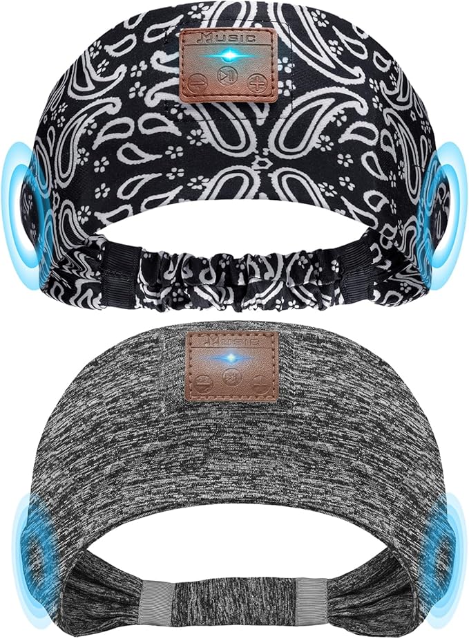 2-Pack Sleeping Headphones, Headband Headphones with Ultra-Thin HD Stereo Speaker, Bluetooth Headband for Sports, Workouts, Insomnia, Yoga, Air Travel, Meditation - Gray&Pattern Black