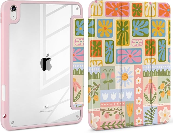 Case for iPad Air 11 inch M4 2026 M3 2025 M2 2024,iPad Air 5th (2022) / 4th (2020) 10.9 Inch Clear Back Shell Lightweight TPU Edge Trifold Stand Auto Wake Sleep Cute Cover, Flower Patchwork