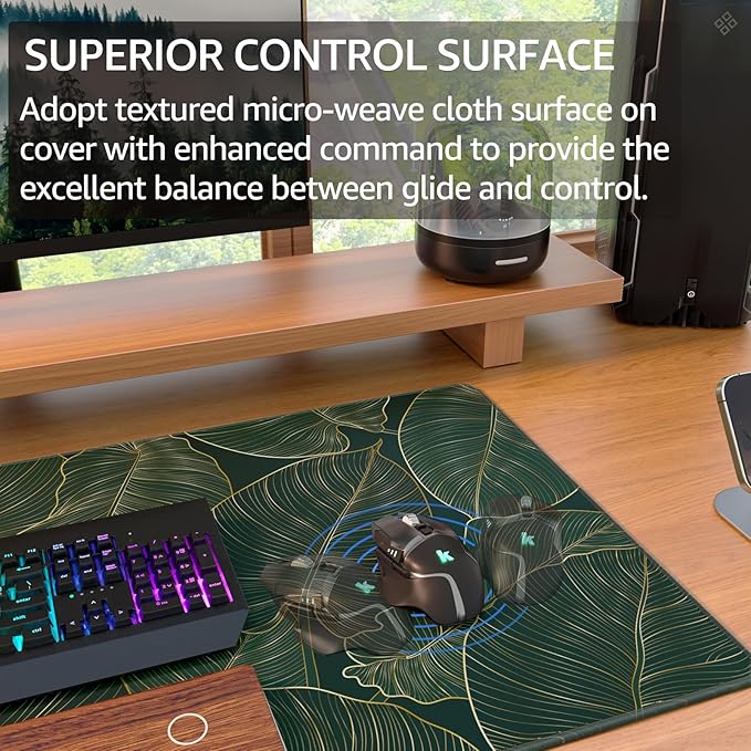 KTRIO Large Gaming Mouse Pad Desk Mat, Superior Micro-Weave Cloth, Non-Slip Rubber Base, Stitched Edges, Water-Resistant, for Gamer, Office & Home, 31.5 x 15.7 Inch，Golden Leaves