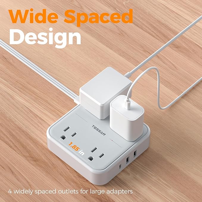 TESSAN Surge Protector Flat Extension Cord 5Ft, Ring Plug Power Strip with 4 Outlets 3 USB Ports (1 USB C), 900 Joules Protection, Multiple Wall Outlet Extender Suitable for Home Office Dorm, Grey
