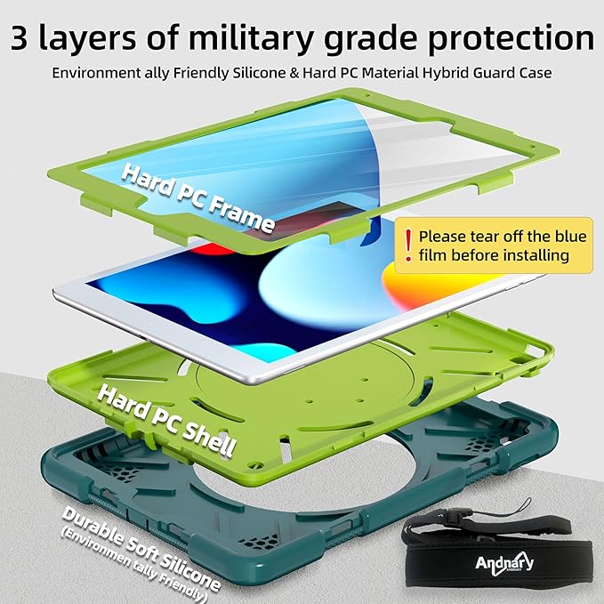 Andnary Case for iPad 9th/8th/7th Generation 10.2 inch, Shockproof Cover with Screen Protector/360° Rotate Stand/Pencil Holder/Shoulder Strap, Kids Case for iPad 2021/2020/2019 (Dark Green+Green)