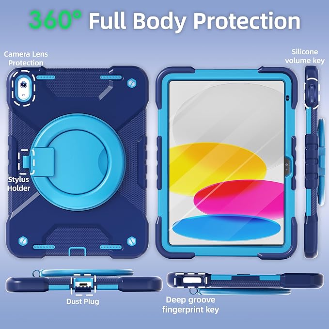 Andnary Case for iPad (A16) 11th Generation 11 inch 2025/10th Generation 10.9 inch 2022, Shockproof Cover with Screen Protector/360° Rotate Handle/Bracket/Pen Holder/Shoulder Strap (Navy+Blue)