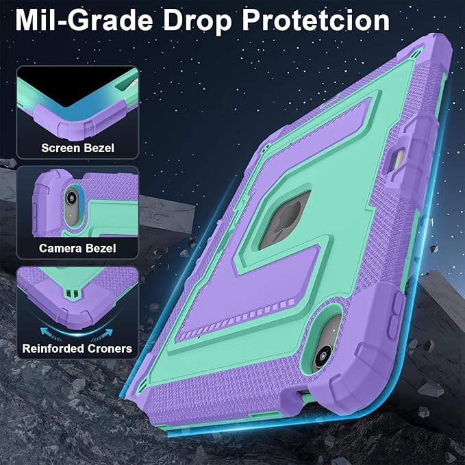 Kids Friendly Case for iPad Air 13 Inch M4 M3 M2 2026/2025/2024 Case with Pencil Holder & Shoulder Strap, Military Grade Shockproof Kickstand Hard Shell Protective Cover,Purple+Mint