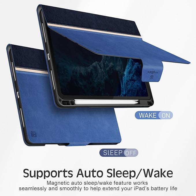 KingBlanc Case for iPad Pro 13 inch (M5 2025/M4 2024) with Pencil Holder, Vegan Leather Stand Cover, Auto Sleep/Wake, Support Pencil Pro/(USB-C), Viewing/Writing Angles, Vintage Notebook Style, Blue