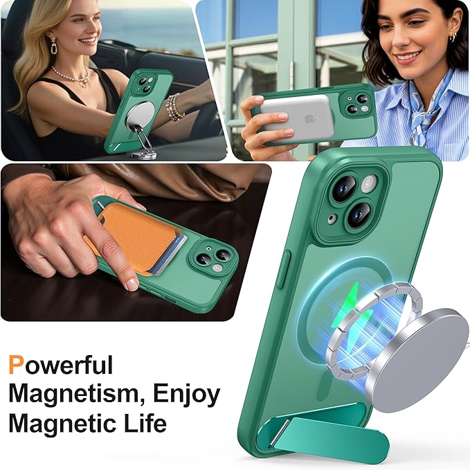 Magnetic Compatible with iPhone 15 Case, [Built-in Invisible Kickstand][Compatible with MagSafe][Full Camera Protection] Translucent Matte Phone Case for iPhone 15 6.1" Cyan