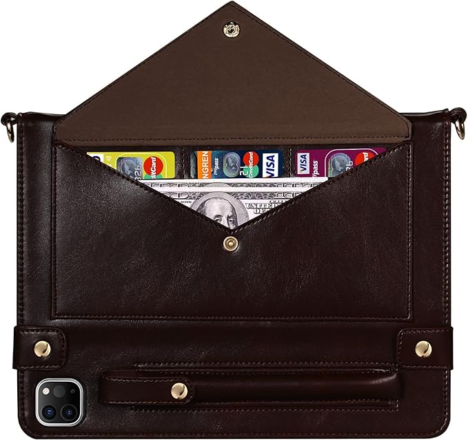 Handbag Case for iPad Pro 11-inch M5 M4 (2025/2024), Techcircle Folio Stand PU Leather Hand Strap Cover Crossbody iPad Case w/Pencil Holder Card Slots Wallet Case, Dark Brown
