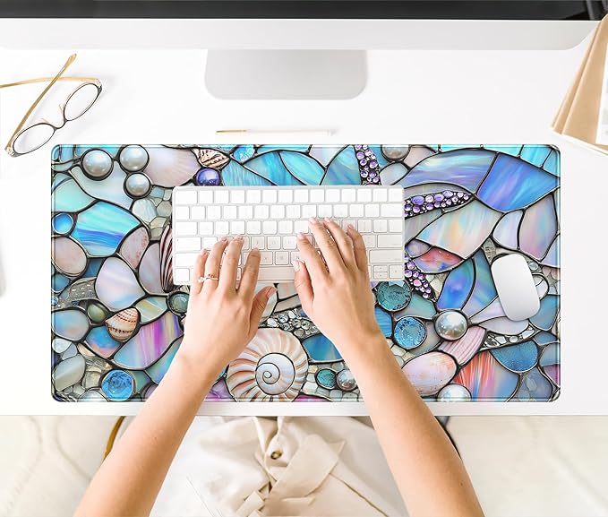 Stained Glass Desk Mat Large Mouse Pad Extended Desk Pad, Gaming Computer Mouse Mat XXL, Big Desktop Keyboard Mat, Full Desk Laptop Pad for Office Work, Ocean Desk Decor Aesthetic 31.5×15.7 Inch