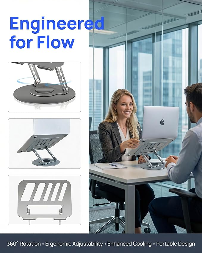Compatible 360° Rotating Adjustable Laptop Stand, Fully Foldable Dual Rotary Shaft Laptop Riser Portable Standing Desk, Fits MacBook & All 10-15 Inch Laptops - Grey