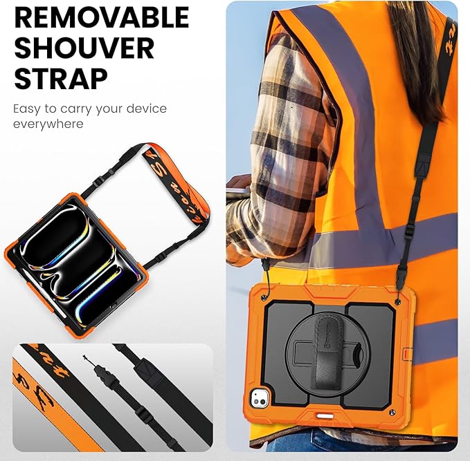 timecity Case for iPad Pro 13 Inch M5 2025 / M4 2024, 360° Rotating Stand, Pencil Holder & Wireless Charging, Shockproof with Screen Protector & Shoulder Strap - for Designers & Professionals, Orange