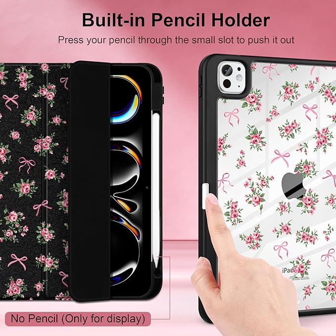 Case for iPad Pro 11 inch (M5) 2025 (M4) 2024 Release Slim Lightweight Cute Leather Black Cover with Clear Back TPU Edge Pencil Holder Trifold Stand, Roses