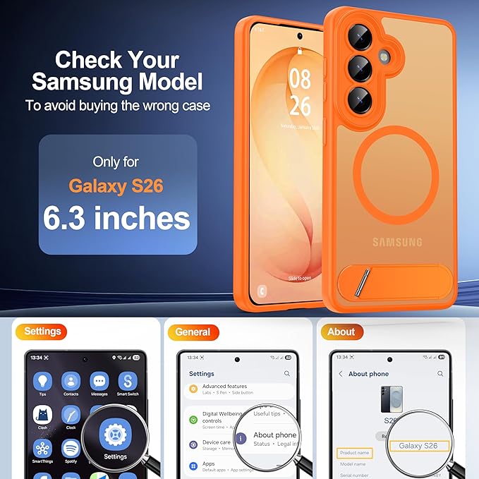 Magnetic for Samsung Galaxy S26 Case, [Compatible with MagSafe][Full Camera Protection][Built-in Invisible Kickstand] Translucent Matte Phone Case for S26 6.3" - Orange