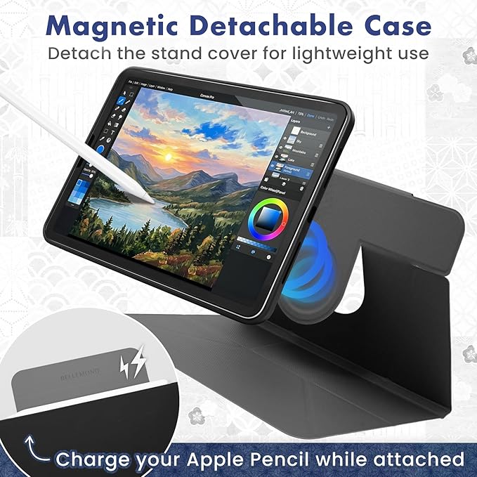 BELLEMOND iPad Air 13" Case M4 2026 / M3 2025 / M2 2024 | Origami Folio Stand | 6-Mode Foldable, Magnetic Detachable Cover | Mamoru Ori Case | Black & Grey