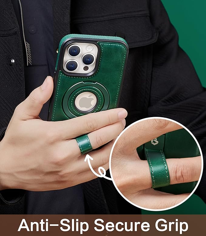 Butaiga for iPhone 13 Pro Max Leather Case with Stand, Anti-Slip Grip Ring, Fits for MagSafe (Green, iPhone 13 Pro Max)