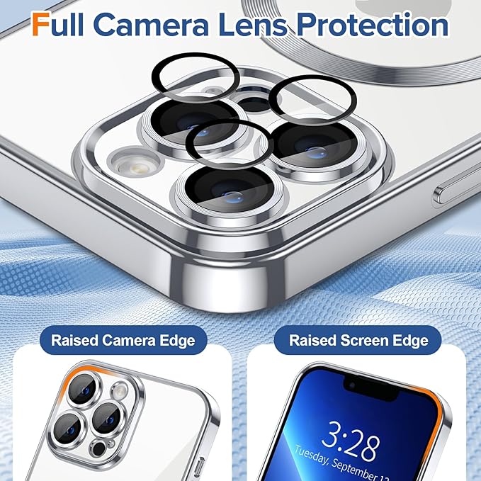 Hython Magnetic Clear for iPhone 13 Pro Max Case with Camera Lens Protector [Compatible with MagSafe] Plating Edge Slim Soft TPU Cover Protective Phone Case for iPhone 13 Pro Max 6.7", Silver