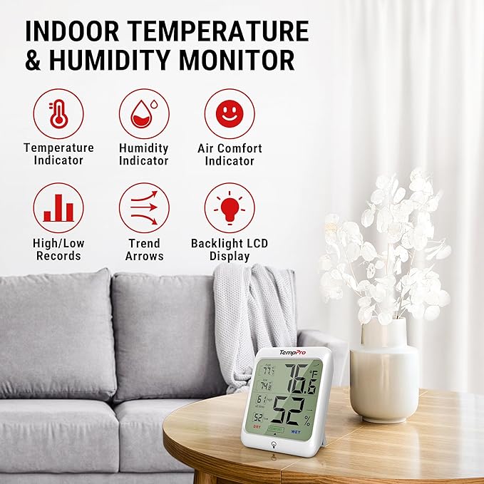 TempPro TP53 Digital Hygrometer Indoor Thermometer for Home, Temperature Humidity Sensor with Comfort Indicator & Max Min Records, Backlit Display Room Thermometer Humidity Meter(Previously ThermoPro)