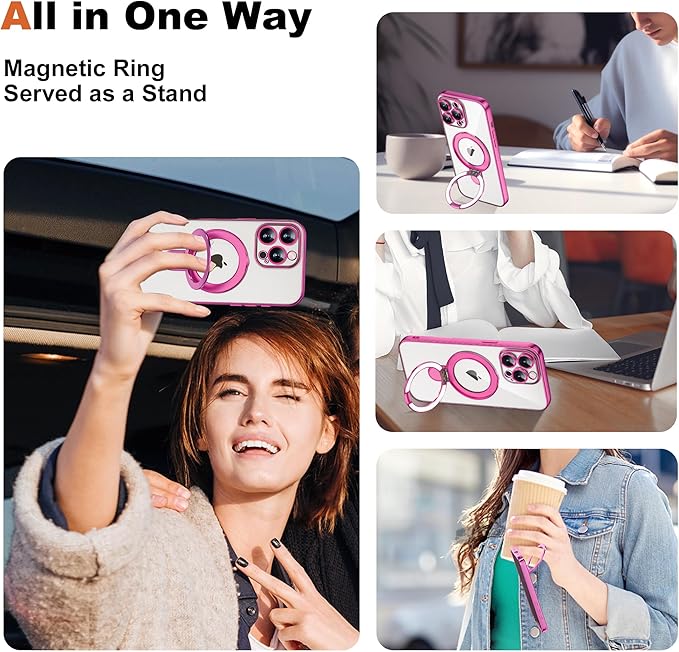 Compatible with iPhone 12 Pro Max Case with Magnetic Ring Stand [Compatible with Mag-Safe] [Full Camera Lens Protector] Soft Plating Clear Phone Case for iPhone 12 Pro Max 6.7", Rose