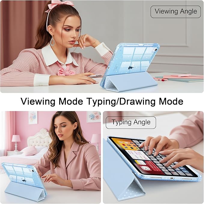 DONGKE for iPad Pro 11 inch Case – Fits M5 2025 / M4 2024, Shockproof Sparkling Glitter Acrylic Back, Pencil Holder, Trifold Stand, Auto Sleep/Wake & Touch ID Support - Blue Polka Dot