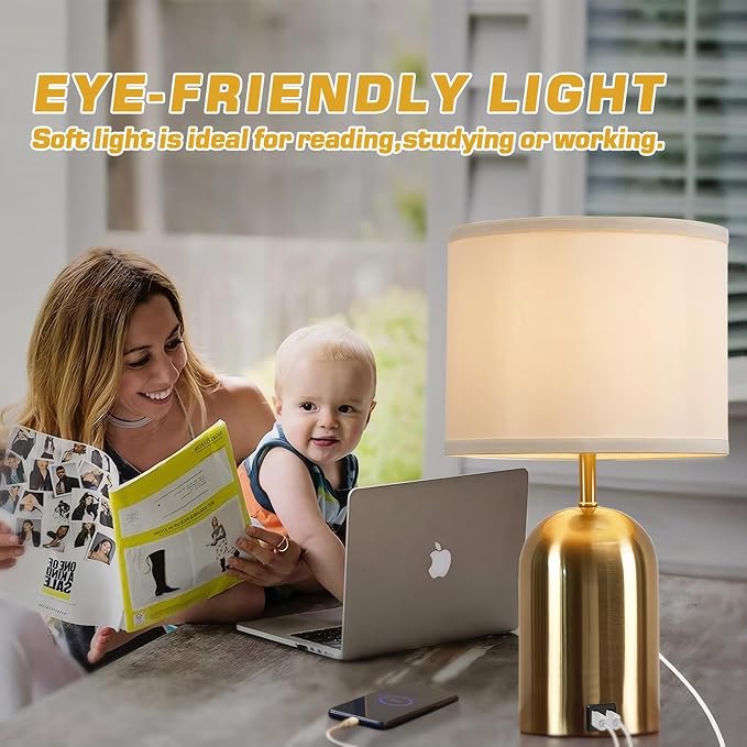 GyroVu Bedside Lamp with USB Port, Touch Control Table Lamp for Bedroom, Dimmable Modern Nightstand Lamp with Fabric Shade Gold Base for Living Room, Dorm, Home Office, LED Bulb Included