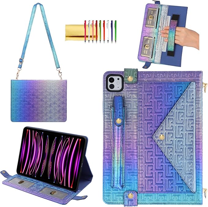 Shiny Case for iPad Pro 12.9" 6th/5th/4th Gen & iPad Air 13-inch Handbag w/Hand Strap, Techcircle Crossbody Iridescent Folio Stand Wallet Case w/Pencil Holder+Shoulder Strap, Shiny Indigo