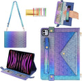 Shiny Case for iPad Pro 12.9" 6th/5th/4th Gen & iPad Air 13-inch Handbag w/Hand Strap, Techcircle Crossbody Iridescent Folio Stand Wallet Case w/Pencil Holder+Shoulder Strap, Shiny Indigo