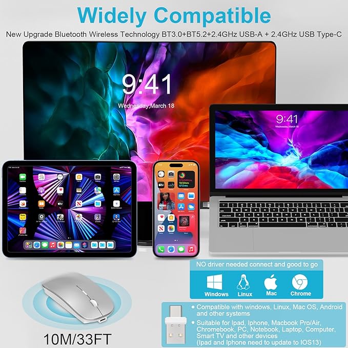 Mouse for MacBook Wireless Bluetooth Mouse Laptop MacBook Air Mac Pro Rechargeable Silent PC iPad Optical Mouse with Dual Mode Switch Bluetooth 5.2/3.0 and 2.4GHz USB Type-C Receiver Silvery