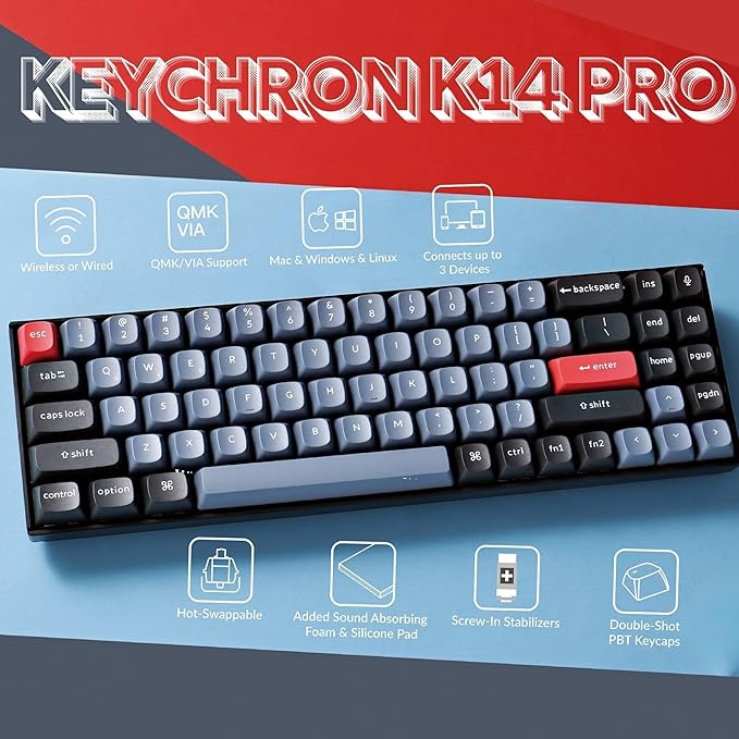 Keychron K14 Pro Wireless Mechanical Keyboard, 70% Compact Bluetooth Keyboard with QMK/VIA Programmable, Hot-Swappable K Pro Red Switch, RGB Backlight, 4000mAh Battery, for Mac Windows Linux