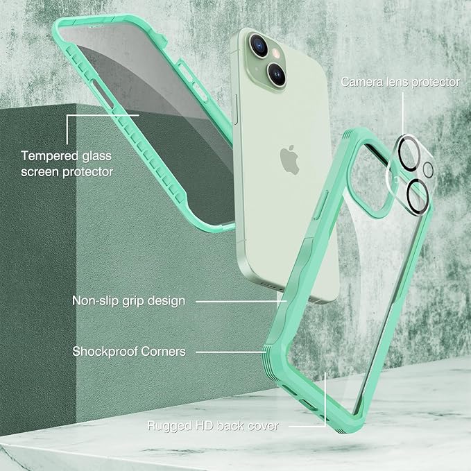 CENHUFO Privacy for iPhone 15 Case, Full Body Phone Case with Built-in 9H Tempered Glass Privacy Screen Protector and Camera Lens Protector, Anti Peep Spy Shockproof Bumper Clear Cover - Green