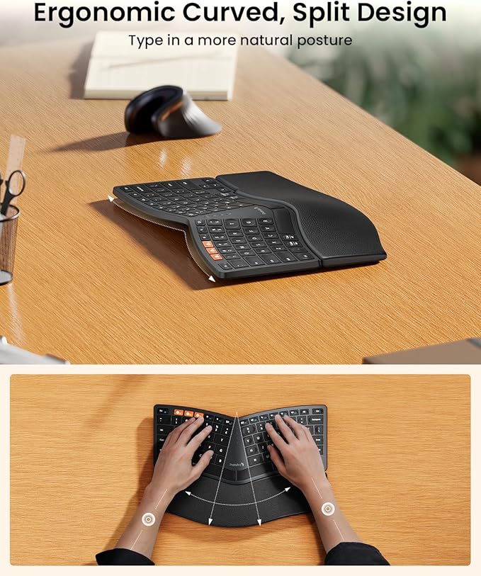 ProtoArc Bluetooth Ergonomic Keyboard, EK04 Mini Compact Wireless Ergonomic Keyboard, Hard Palm Rest, Multi-Device, Split Design, Rechargeable, Compatible with Windows, Mac OS - Black