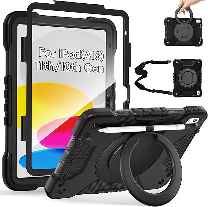 Andnary Case for iPad (A16) 11th Generation 11 inch 2025/10th Generation 10.9 inch 2022, Shockproof Cover with Screen Protector/360° Rotate Handle/Bracket/Pen Holder/Shoulder Strap (Black)