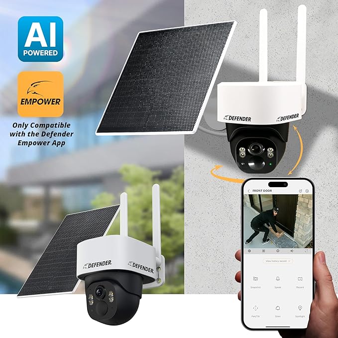 Defender 4G LTE 2K+ AI Frontier PTZ Wireless Outdoor Security Camera, 5W Solar Panel, 360° AI Tracking, Deterrence, 2 Way Talk, 9400maH Battery, Works with Empower App, eSIM Included
