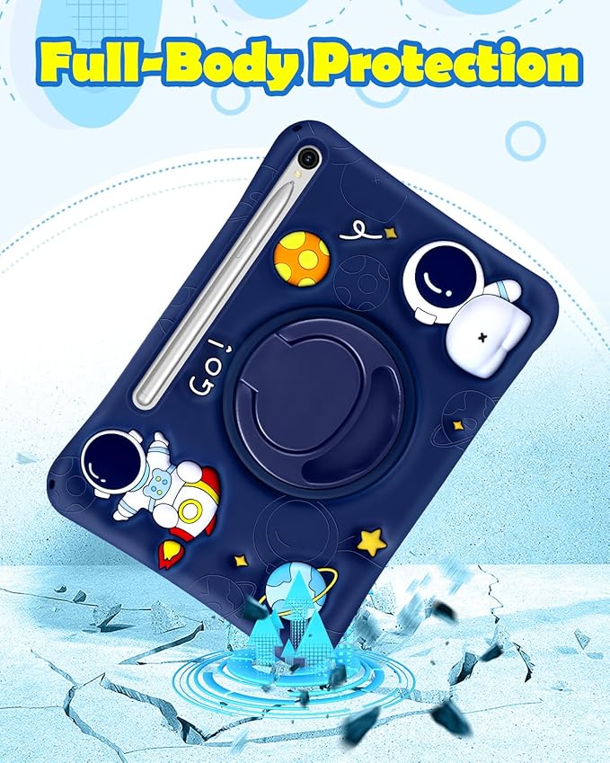 Wazzasoft for Samsung Galaxy Tab S10 FE/S9 FE Case - Tab S9 Case Boys Cute Astronaut Cover Kawaii 3D Spacemen with Rotating Handle Stand + Strap Soft Silicone Cover Funda para Tab S10 Fe 10.9 Inch