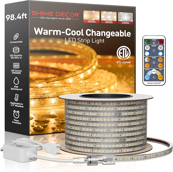 Shine Decor LED Strip Light Connectable, CCT 2800-6000K Warm-Cool Changing Tone for Room, 98FT 120V Plug-in Outdoor Rope Lighting Cold Resistant Waterproof ETL Listed, Remote Timer Available