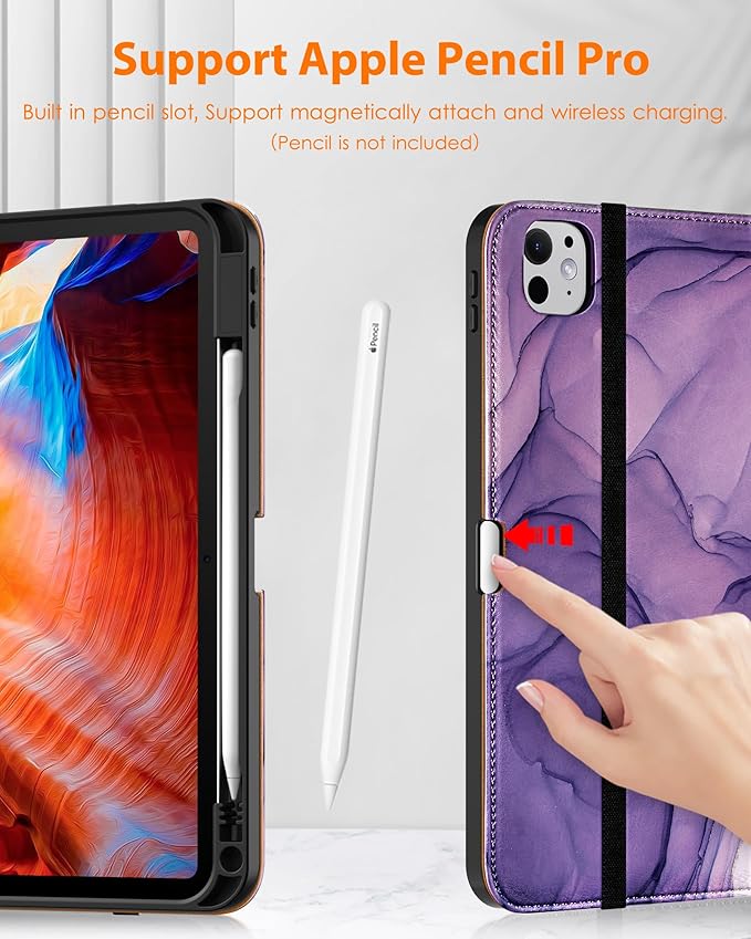 DTTO for iPad Pro 11 inch Case (M5/M4) 2025/2024, Premium Leather Business Folio Stand Cover with Pencil Holder - Auto Wake/Sleep and Multiple Viewing Angles, Purple Marble