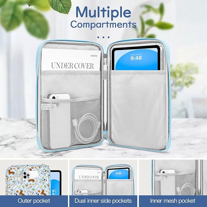 Dadanism 9-11" Tablet Sleeve Bag Carrying Case for iPad (A16) 11th Gen 11", iPad 10th Gen 10.9" Air 5/4, iPad Air M4/Pro 11", iPad 9/8/7th, Galaxy Tab A11+ Plus 11", Remarkable 2 10.3", Blue+Dog