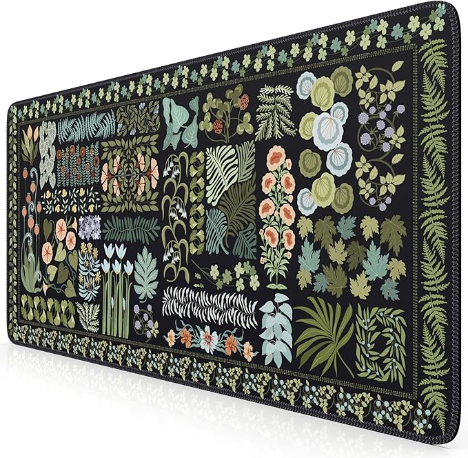 iCasso Floral Desk Pad Mat, Large Mouse Pad, Desk Matt for Desktop, Anti-Slip XXL Big Mousepad with Stitched Edges for Computer Keyboard (Black)